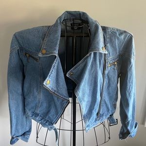 Cropped denim biker jacket